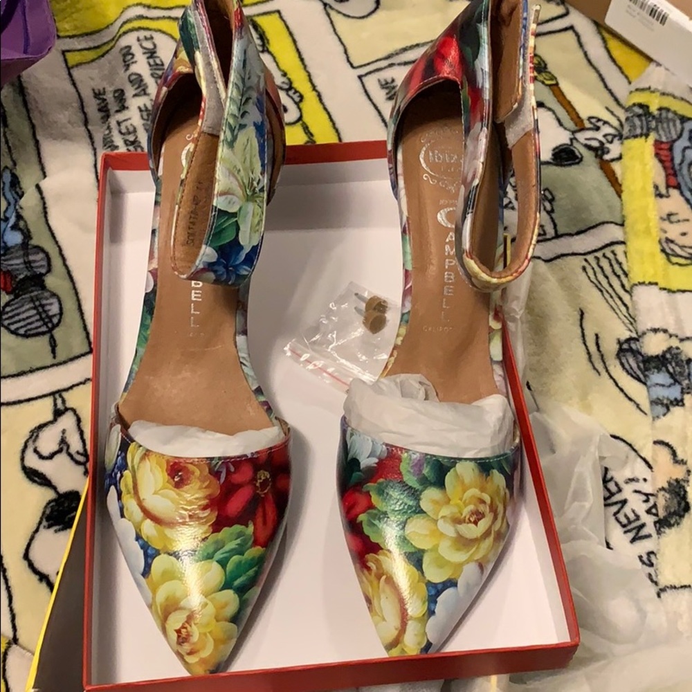 Jeffrey Campbell blue floral leather heels